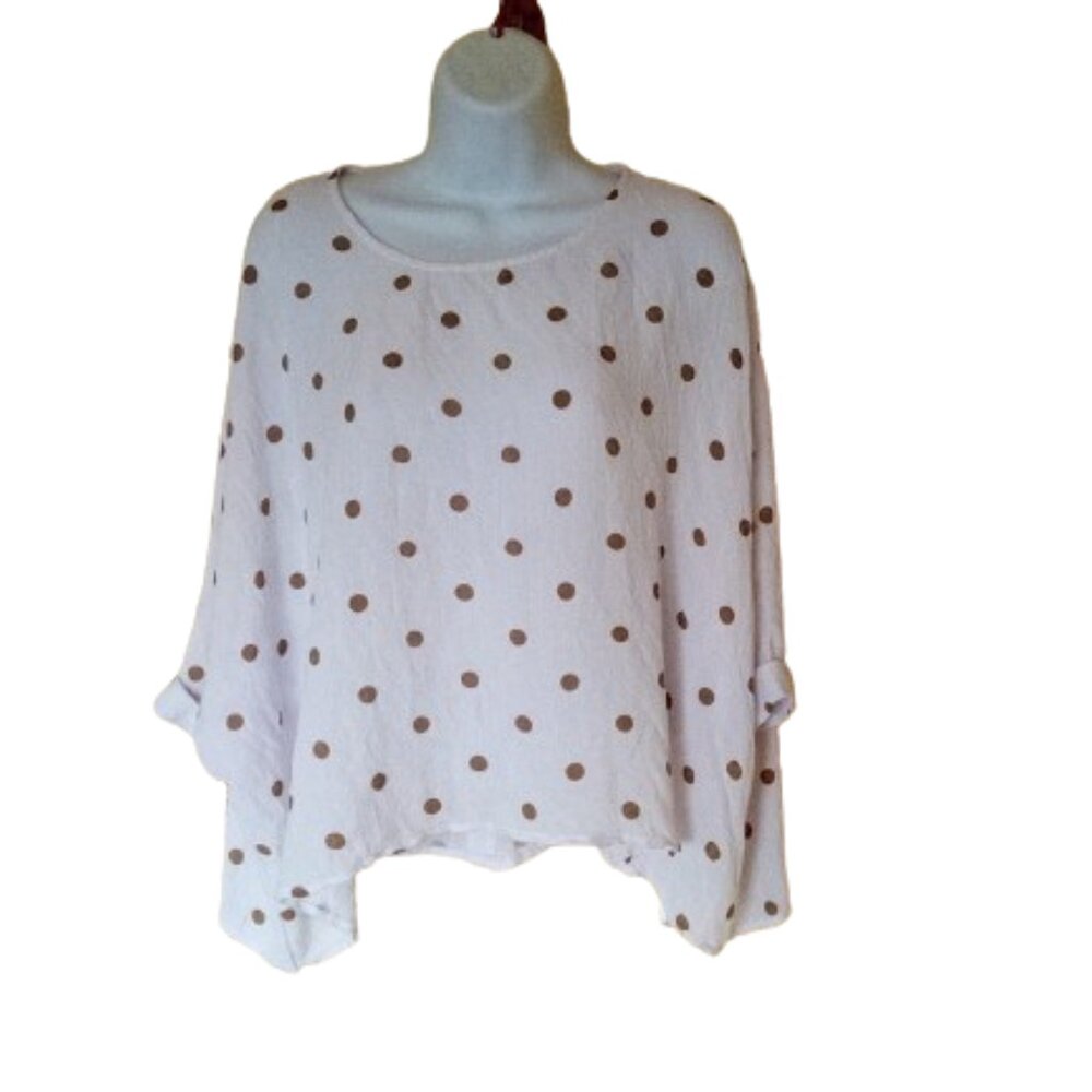 ---  White Cotton Top with Gold Polka Dots Small Medium